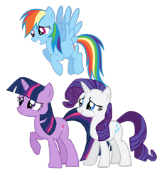 Size: 1254x1375 | Tagged: safe, artist:benpictures1, artist:xpesifeindx, rainbow dash, rarity, twilight sparkle, pegasus, pony, unicorn, dragon quest, g4, cute, dashabetes, female, flying, grin, implied garble, inkscape, mare, nervous, nervous smile, raised hoof, raribetes, simple background, smiling, spread wings, transparent background, trio, trio female, twiabetes, unicorn twilight, vector, wings