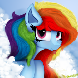 Size: 4000x4000 | Tagged: safe, artist:ser-p, rainbow dash, pegasus, pony, g4, :p, absurd resolution, cloud, female, looking at you, mare, signature, solo, tongue out