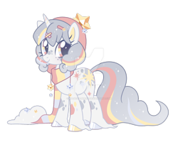 Size: 1600x1282 | Tagged: safe, artist:magicdarkart, oc, oc only, pony, unicorn, clothes, cloud, curly hair, deviantart watermark, female, hat, long tail, mare, obtrusive watermark, ornament, scarf, shoes, solo, tail, watermark