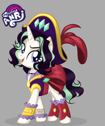 Size: 1978x2373 | Tagged: safe, artist:emperor-anri, oc, oc only, pony, unicorn, clothes, cuffs (clothes), gray background, hat, horn, pirate hat, simple background, smiling, solo, unicorn oc