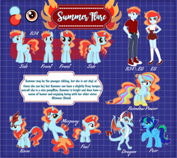 Size: 1280x1146 | Tagged: safe, artist:emperor-anri, oc, oc only, oc:summer flare, dragon, human, kirin, equestria girls, g4, clothes, dragonified, equestria girls-ified, female, kirin-ified, male, mare, pants, reference sheet, seaponified, shoes, species swap, stallion