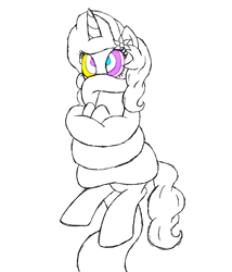 Size: 6000x7000 | Tagged: safe, artist:lunahazacookie, oc, oc only, pony, unicorn, coils, female, flower, flower in hair, horn, lineart, mare, partial color, simple background, sketch, swirly eyes, unicorn oc, white background
