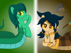 Size: 8000x6000 | Tagged: safe, artist:lunahazacookie, oc, oc:kharma serpentia, oc:mystic mirage, lamia, original species, pony, abstract background, duo, hoof shoes, looking at you, thinking