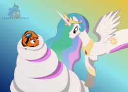 Size: 7000x5000 | Tagged: safe, artist:lunahazacookie, princess celestia, oc, oc:mercfox, alicorn, lamia, original species, pony, g4, abstract background, bedroom eyes, blushing, canon x oc, celamia, coils, female, goggles, imminent snuggles, lamiafied, looking at each other, male, mare, species swap