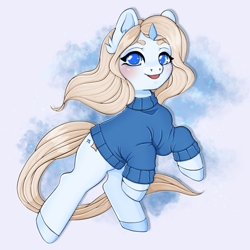 Size: 2048x2048 | Tagged: safe, artist:lumiychan, oc, oc only, pony, unicorn, abstract background, blushing, clothes, colored hooves, eyelashes, female, high res, horn, mare, solo, sweater, unicorn oc