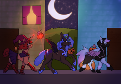 Size: 2360x1640 | Tagged: safe, artist:v-nuz, nightmare moon, oc, pegasus, pony, unicorn, g4, clothes, costume, halloween, hat, holiday, moon, night, trick or treat, trio, witch hat
