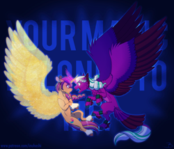 Size: 1948x1666 | Tagged: safe, artist:inuhoshi-to-darkpen, opaline arcana, sunny starscout, alicorn, pony, g5, my little pony: a new generation, spoiler:g5, spoiler:my little pony: make your mark, artificial horn, artificial wings, augmented, dialogue, duo, female, hilarious in hindsight, horn, large wings, magic, magic horn, magic wings, mare, open mouth, race swap, spread wings, sunnycorn, tail, tail feathers, unshorn fetlocks, wings