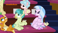 Size: 1248x703 | Tagged: safe, screencap, cozy glow, huckleberry, sandbar, silverstream, smolder, classical hippogriff, dragon, earth pony, hippogriff, pegasus, pony, g4, what lies beneath, colored hooves, crossed legs, friendship student, jewelry, logo, looking up, male, mouth hold, necklace, nickelodeon, stallion