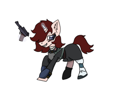 Size: 1920x1440 | Tagged: safe, artist:sw.f, oc, oc only, oc:stowe finberg, pony, unicorn, gun, handgun, pistol, simple background, solo, white background