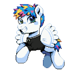 Size: 640x640 | Tagged: safe, artist:hikkage, pegasus, pony, animated, awsten knight, buzzing wings, clothes, commission, dyed mane, dyed tail, flying, grin, happy, heterochromia, horseshoes, jewelry, looking at you, male, necklace, pixel art, ponified, shirt, simple background, smiling, solo, stallion, t-shirt, tail, transparent background, waterparks, wings