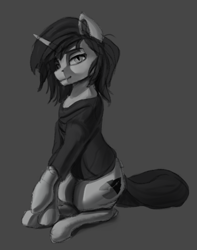 Size: 1045x1323 | Tagged: safe, artist:mricantdraw, pony, unicorn, clothes, gray background, horn, jewelry, kellin quinn, male, monochrome, necklace, ponified, shirt, simple background, sitting, sleeping with sirens, solo, stallion, t-shirt