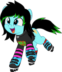 Size: 4351x5000 | Tagged: safe, artist:jhayarr23, oc, oc only, oc:scene chick, earth pony, pony, arm warmers, clothes, commission, dyed mane, dyed tail, female, happy, jewelry, mare, necklace, open mouth, piercing, roller skates, scene, shirt, simple background, socks, solo, t-shirt, tail, transparent background, ych result