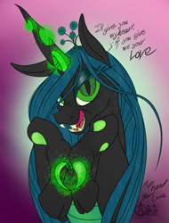 Size: 914x1200 | Tagged: safe, alternate version, artist:sepiakeys, queen chrysalis, changeling, changeling queen, g4, bust, female, glowing, glowing horn, horn, portrait, smiling, solo, wip