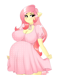 Size: 2364x3000 | Tagged: safe, artist:xjenn9, fluttershy, anthro, g4, big breasts, breasts, busty fluttershy, cleavage, clothes, commission, cute, dress, female, high res, preggoshy, pregnant, red eyes, shyabetes, simple background, solo, transparent background, wrong eye color, ych result