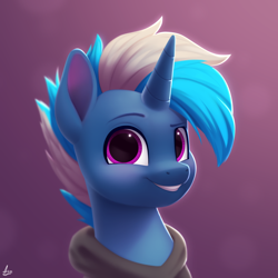 Size: 2000x2000 | Tagged: safe, artist:luminousdazzle, oc, oc only, oc:silver comet, pony, unicorn, bust, clothes, gift art, grin, high res, hoodie, horn, magenta eyes, male, not trixie, portrait, semi-realistic, signature, simple background, smiling, solo, stallion, unicorn oc