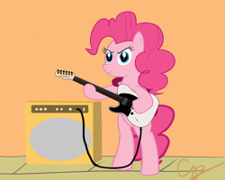 Size: 900x720 | Tagged: safe, artist:cipherpie, pinkie pie, earth pony, pony, g4, 2012, bipedal, electric guitar, female, guitar, hoof hold, mare, musical instrument, old art, solo