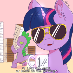 Size: 1280x1280 | Tagged: safe, artist:zeroonesunray, spike, twilight sparkle, dragon, pony, unicorn, g4, apocalypse now, book, butt, cup, duo, ear fluff, female, glowing, glowing horn, horn, magic, male, mare, movie reference, sunglasses, talking to viewer, telekinesis, unicorn twilight