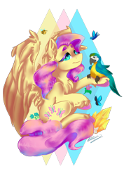 Size: 1754x2480 | Tagged: safe, artist:dankpegasista, fluttershy, bee, bird, butterfly, insect, parrot, pegasus, pony, g4, detailed, simple background, transparent background