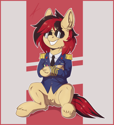 Size: 2572x2820 | Tagged: safe, artist:midnightflight, oc, oc only, earth pony, pony, abstract background, aviator sunglasses, clothes, glasses, high res, male, military uniform, necktie, pins, solo, sunglasses, uniform