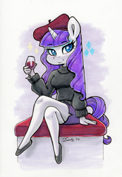 Size: 1767x2556 | Tagged: safe, artist:dandy, rarity, unicorn, anthro, plantigrade anthro, g4, alcohol, beatnik rarity, bedroom eyes, beret, clothes, copic, crossed legs, eyeshadow, female, hat, high res, horn, looking at you, makeup, shoes, sitting, skirt, smiling, solo, sweater, traditional art, turtleneck, wine