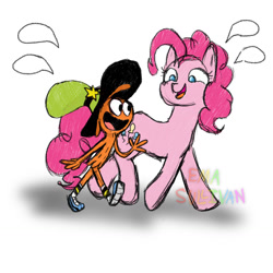 Size: 1280x1280 | Tagged: safe, artist:ema0rsully, pinkie pie, alien, earth pony, pony, g4, bonding, crossover, duo, simple background, speech bubble, sweet dreams fuel, wander (wander over yonder), wander over yonder, white background