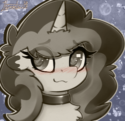 Size: 1288x1244 | Tagged: safe, artist:llametsul, oc, oc:creme cookie, pony, unicorn, blushing, bust, chest fluff, choker, female, floppy ears, freckles, heart, heart eyes, mare, monochrome, signature, smiling, solo, wingding eyes