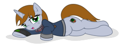 Size: 3912x1512 | Tagged: safe, alternate version, artist:arshe12, artist:cazra, oc, oc only, oc:littlepip, pony, unicorn, fallout equestria, base used, bedroom eyes, belly button, commission, female, mare, pregnant, simple background, slave, slave collar, solo, transparent background, vector, ych result
