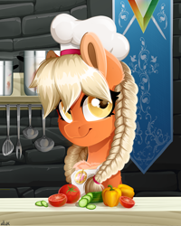 Size: 4000x5000 | Tagged: safe, artist:rainbowfire, oc, oc only, earth pony, pony, :3, :p, :t, apron, banner, braid, cap, castle, chest fluff, clothes, commission, cucumber, cute, ear fluff, female, fluffy, food, gem, grin, hat, herbivore, jewelry, kitchen, ladle, looking at you, mare, meal, medallion, orange, pepper, pigtails, pot, realistic, realistic background, realistic mane, shelf, smiling, solo, table, tomato, tongue out, vegetables, wall, yellow eyes, your character here