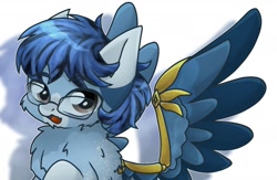 Size: 1686x1099 | Tagged: safe, artist:namaenonaipony, oc, oc only, oc:soaring spirit, pegasus, pony, armor, cheek fluff, chest fluff, coat markings, colored wings, ear fluff, facial markings, glasses, looking at you, multicolored hair, multicolored mane, multicolored wings, neck fluff, pegasus oc, shadow, simple background, socks (coat markings), solo, spread wings, three toned wings, white background, wing armor, wing brace, wings