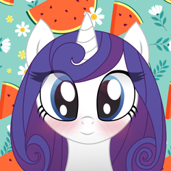 Size: 2000x2000 | Tagged: safe, artist:ramprover, rarity, pony, unicorn, g4, abstract background, alternate hairstyle, blushing, bust, cute, eye clipping through hair, female, flushed face, front view, happy, high res, horn, looking at you, mare, patterned background, raribetes, side view, smiling, smiling at you, solo, vector