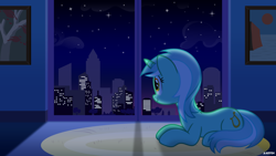 Size: 4800x2700 | Tagged: safe, artist:a4r91n, lyra heartstrings, pony, unicorn, g4, building, city, cityscape, dark, female, lying down, mare, night, painting, prone, rug, smiling, solo, stars, window