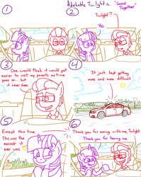 Size: 4779x6013 | Tagged: safe, artist:adorkabletwilightandfriends, twilight sparkle, oc, oc:lawrence, alicorn, earth pony, pony, comic:adorkable twilight and friends, g4, adorkable, adorkable twilight, blushing, car, cloud, comic, conversation, cute, dork, driving, farm, female, happy, heart, heart eyes, highway, holding hoof, holding hooves, honesty, looking out the window, mare, road trip, rural, scenery, seatbelt, sitting, smiling, sun, twilight sparkle (alicorn), wingding eyes