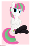 Size: 2712x3970 | Tagged: safe, artist:rainbowšpekgs, blossomforth, pegasus, pony, adoraforth, belly, belly button, black socks, clothes, cute, female, freckles, looking at you, mare, simple background, sitting, smiling, smiling at you, socks, solo, underhoof, wings