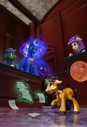 Size: 1367x2000 | Tagged: safe, artist:harwick, princess luna, oc, alicorn, earth pony, unicorn, angry, briefcase, commission, courtroom, curly mane, earth pony oc, fanfic art, horn, judge, jury duty, justice, lawyer, necktie, scales, unicorn oc