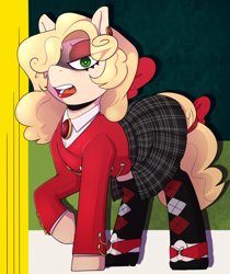 Size: 1680x2000 | Tagged: safe, artist:lockheart, earth pony, pony, bow, clothes, ear piercing, earring, hair bow, heather chandler, heathers, heathers the musical, jewelry, lipstick, pendant, piercing, ponified, reference, shoes, skirt, socks, solo, tail, tail bow
