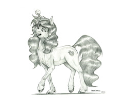 Size: 1500x1164 | Tagged: safe, artist:baron engel, izzy moonbow, pony, unicorn, g5, ball, colored hooves, female, grayscale, horn, hornball, izzy's tennis ball, mare, monochrome, pencil drawing, simple background, solo, tennis ball, traditional art, white background