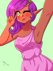 Size: 1800x2400 | Tagged: safe, artist:mylittleyuri, pipp petals, human, g5, armpits, blushing, breasts, clothes, dark skin, dress, elf ears, female, green background, humanized, lipstick, makeup, one eye closed, peace sign, sideboob, simple background, solo, wink