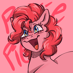 Size: 3000x3000 | Tagged: safe, artist:raccoonsalsafr, pinkie pie, earth pony, pony, g4, :3, blushing, cute, diapinkes, female, happy, high res, mare, open mouth, open smile, pink background, simple background, smiling, solo