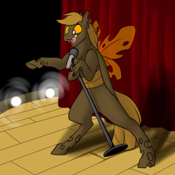 Size: 1000x1000 | Tagged: safe, artist:foxenawolf, oc, changeling, fanfic:cosmic lotus, brown changeling, changeling oc, fanfic art, microphone, microphone stand, open mouth, solo