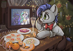 Size: 3508x2480 | Tagged: safe, artist:amishy, princess celestia, princess luna, oc, alicorn, earth pony, pony, g4, alcohol, bowtie, champagne, champagne glass, christmas, christmas tree, cyrillic, earth pony oc, female, fireworks, food, fruit, happy new year, high res, holiday, hoof on chin, male, mare, new year, orange, russia, russian, smiling, solo, stallion, television, tree, unshorn fetlocks, wine