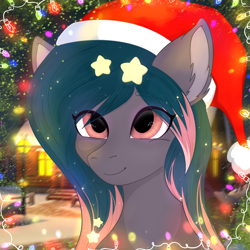 Size: 4050x4050 | Tagged: safe, artist:bellfa, oc, oc only, oc:star universe, pony, bust, christmas, christmas lights, cute, ear fluff, ethereal mane, female, fireplace, garland, happy, hat, holiday, mare, new year, night, outdoors, portrait, santa hat, smiling, snow, snowfall, solo, starry mane, stars, streetlight, string lights, ych result