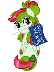 Size: 3072x4096 | Tagged: safe, artist:sjart117, oc, oc only, oc:watermelana, pegasus, pony, both cutie marks, female, flag, freckles, happy new year, holiday, looking back, mare, mouth hold, pegasus oc, pony oc, simple background, sitting, solo, text, transparent background, wings
