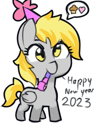 Size: 1200x1600 | Tagged: safe, artist:creamyogurt, derpy hooves, pegasus, pony, g4, celebration, cute, derp, derpabetes, female, filly, foal, happy new year, happy new year 2023, hat, heart, holiday, mouth hold, muffin, noisemaker, party hat, party horn, simple background, solo, speech bubble, that pony sure does love muffins, white background