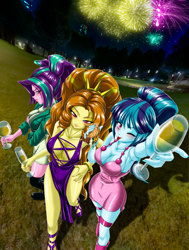 Size: 2270x3000 | Tagged: safe, alternate version, artist:mauroz, adagio dazzle, aria blaze, sonata dusk, human, equestria girls, g4, absolute cleavage, alcohol, anime, breasts, champagne, cleavage, fireworks, food, happy new year, happy new year 2023, high res, holiday, taco, the dazzlings, tongue out, wine