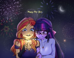 Size: 2422x1920 | Tagged: safe, artist:tomi_ouo, sci-twi, sunset shimmer, twilight sparkle, human, equestria girls, g4, bow, breasts, choker, cleavage, clothes, crescent moon, dress, duo, duo female, female, fingerless gloves, fireworks, glasses, gloves, hair bow, happy new year, happy new year 2023, holiday, jewelry, lesbian, moon, necklace, ring, ship:sci-twishimmer, ship:sunsetsparkle, shipping, sparkler (firework)