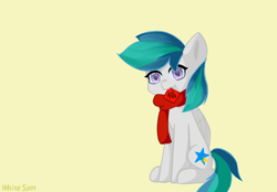 Size: 2360x1640 | Tagged: safe, artist:white spot, oc, oc only, oc:lancy, pegasus, pony, clothes, happy new year, holiday, looking at you, mouth hold, scarf, simple background, sitting, solo, yellow background
