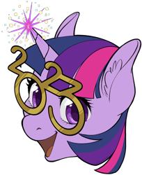 Size: 1960x2404 | Tagged: safe, artist:taytinabelle, twilight sparkle, alicorn, pony, g4, bust, ear fluff, female, fireworks, glasses, happy, happy new year, happy new year 2023, high res, holiday, looking at you, magic, magic aura, mare, new year, open mouth, simple background, smiling, solo, transparent background, twilight sparkle (alicorn)