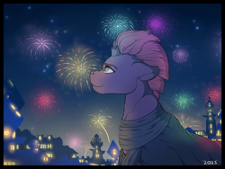 Size: 1280x960 | Tagged: safe, artist:binibean, fizzlepop berrytwist, tempest shadow, pony, unicorn, g4, broken horn, clothes, eyebrows, female, fireworks, floppy ears, happy new year, happy new year 2023, holiday, horn, looking up, mare, night, scarf, smiling, solo