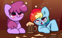 Size: 6672x4200 | Tagged: safe, artist:kittyrosie, berry punch, berryshine, rainbow dash, earth pony, pegasus, pony, g4, alcohol, autograph, beer, beer bottle, big ears, blushing, bottle, desk, drunk, drunker dash, duo, female, go home you're drunk, kittyrosie is trying to murder us, open mouth