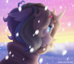 Size: 1600x1372 | Tagged: safe, artist:acry-artwork, oc, oc only, oc:acry weaver, pony, unicorn, clothes, curved horn, horn, snow, snowfall, solo, sweater